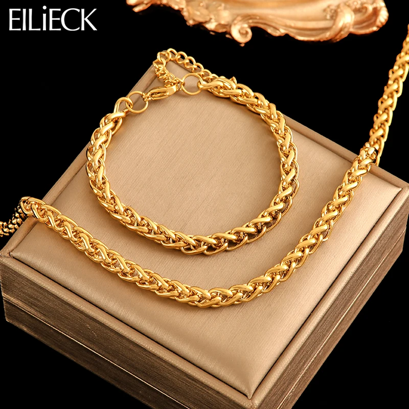 EILIECK 316L Stainless Steel Chains Neckalces Bracelet Jewelry Set For Women Gold Color Metal 18 K Plated Collar Bijoux Gift-animated-img