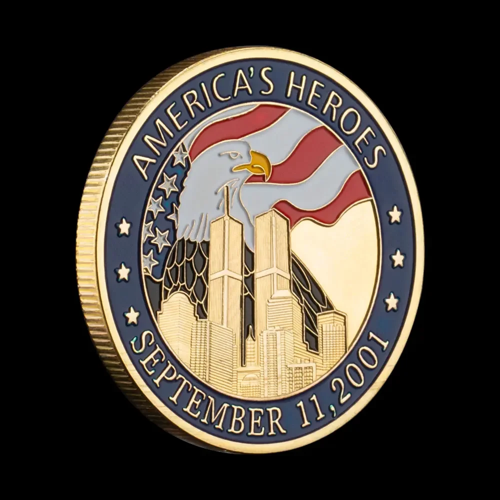 September 11 2001 American Heros Souvenir Coin Golden Plated Bald Eagle,world Trade Center Pattern Commemorative Coin-animated-img