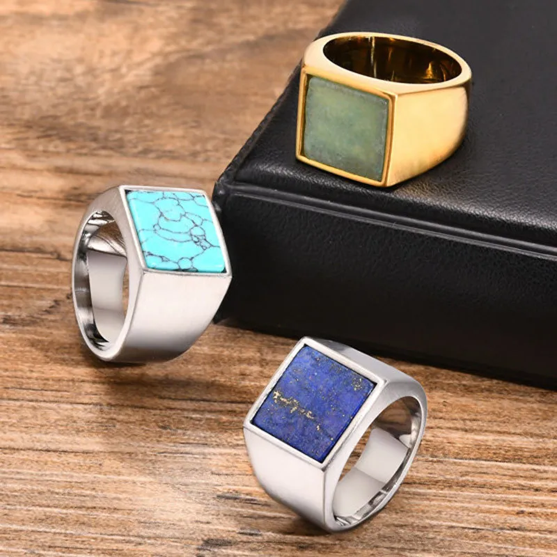 Stainless Steel Signet Rings for Men Women, Punk Geometric Square Top Ring, Natural Stone Stamp Finger Band, Jewelry Gifts-animated-img