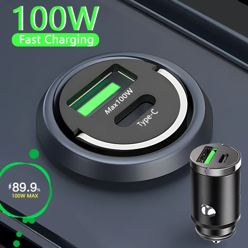 100W Mini Car Charger Lighter Fast Charging for iPhone QC3.0 Mini PD USB Type C Car Phone Charger for Xiaomi Samsung Huawei-animated-img