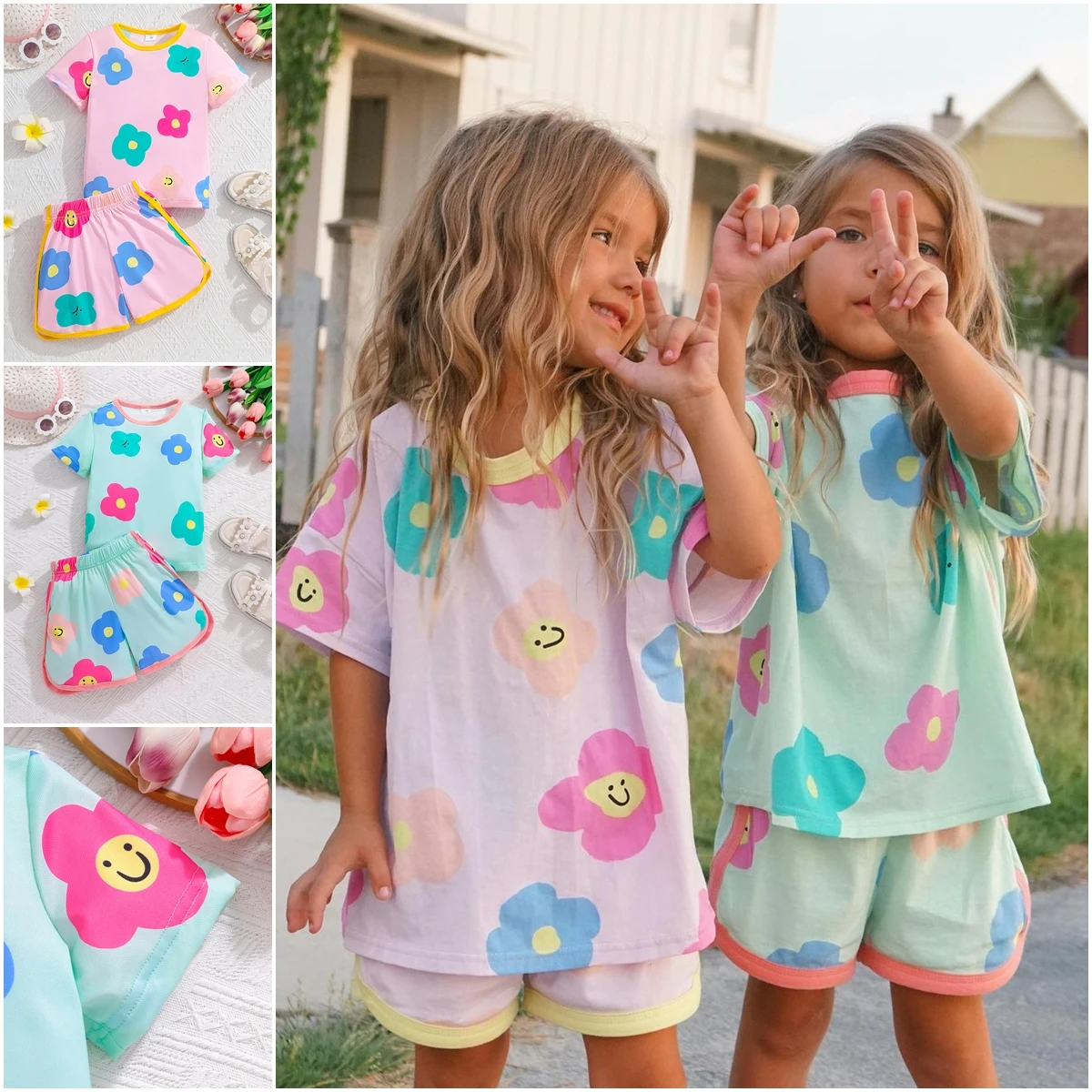 kids girls clothing set Summer Tshirt + Shorts 2Pcs Cute Children Suit Floral Fashion Casual Girls Outfit 3 4 5 6 7 Years Old-animated-img