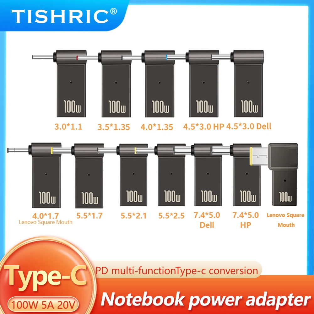 TISHRIC Laptop Power Charger Supply Connector Adapter PD 100W 5A  USB Type-C Female to DC Male For HP/Lenovo/DELL-animated-img