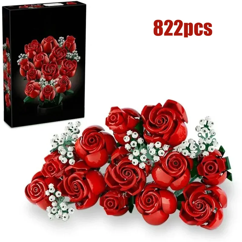 Romantic Rose Flower Bouquet Building Blocks Creative Home Desk Plant Decoration Assemble Bricks Toy For Gifts Girls Lady 822PCS-animated-img