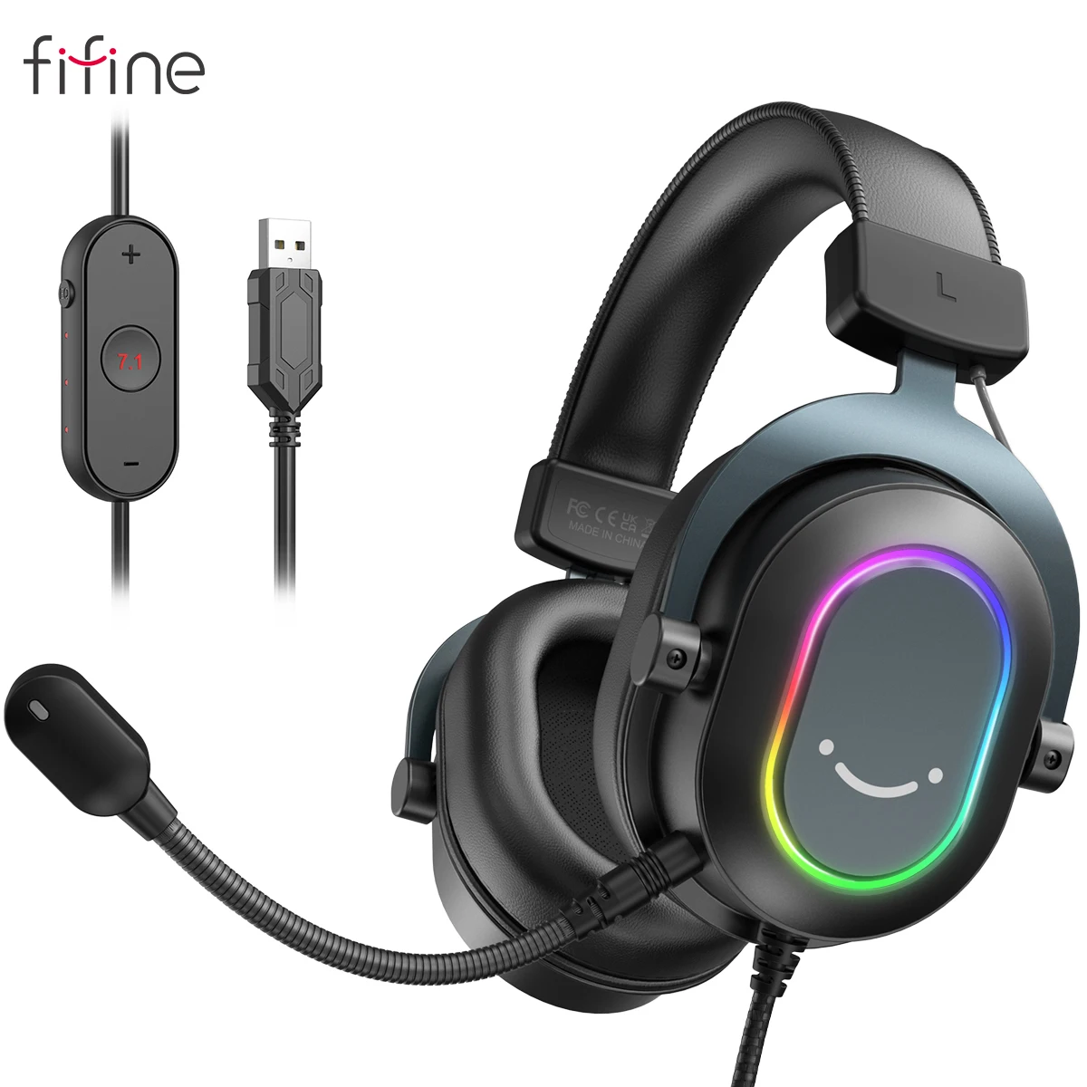 Fifine Dynamic RGB Gaming Headset with Mic Over-Ear Headphones 7.1 Surround Sound PC PS4 PS5 3 EQ Options Game Movie Music-animated-img