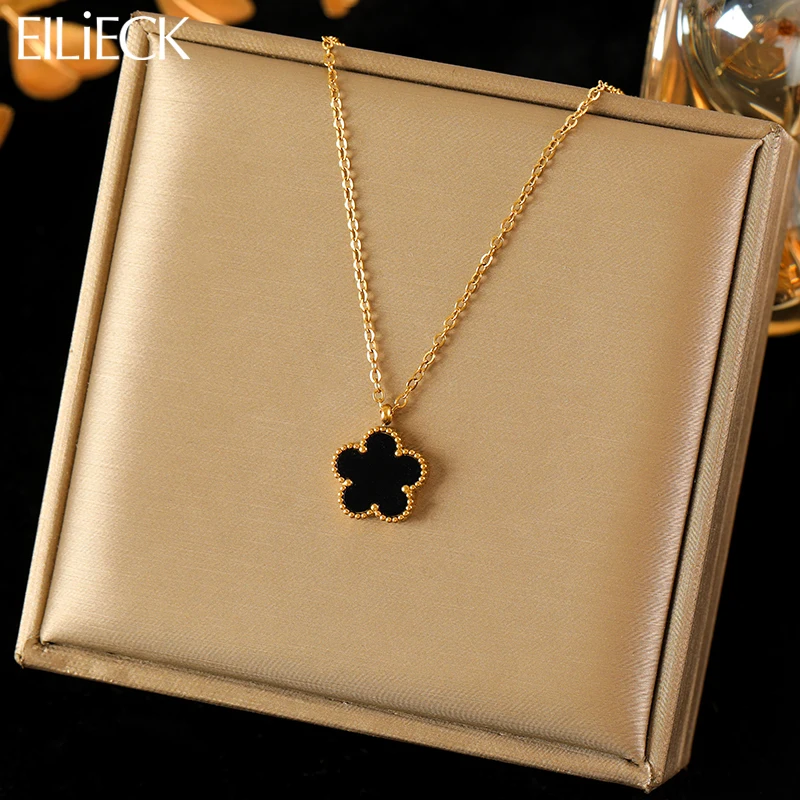 EILIECK 316L Stainless Steel Black Five Leaf Clover Pendant Necklace For Women Fashion New Party Gift Neck Chain Jewelry Collar-animated-img