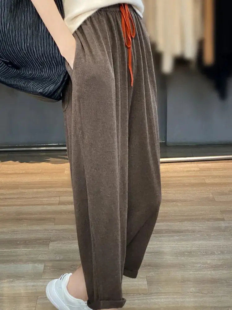 Spring Summer Casual Loose Wide-Leg Ankle-Length Pants For Women Soft Thin Trousers 30% Merino Wool Knitwear Korean Popular Tops-animated-img