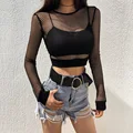 Women Mesh Hollow Out Cropped T-shirts Summer Lady O-Neck Long Sleeve Thin Mesh Tops CKFZ-5897 preview-5