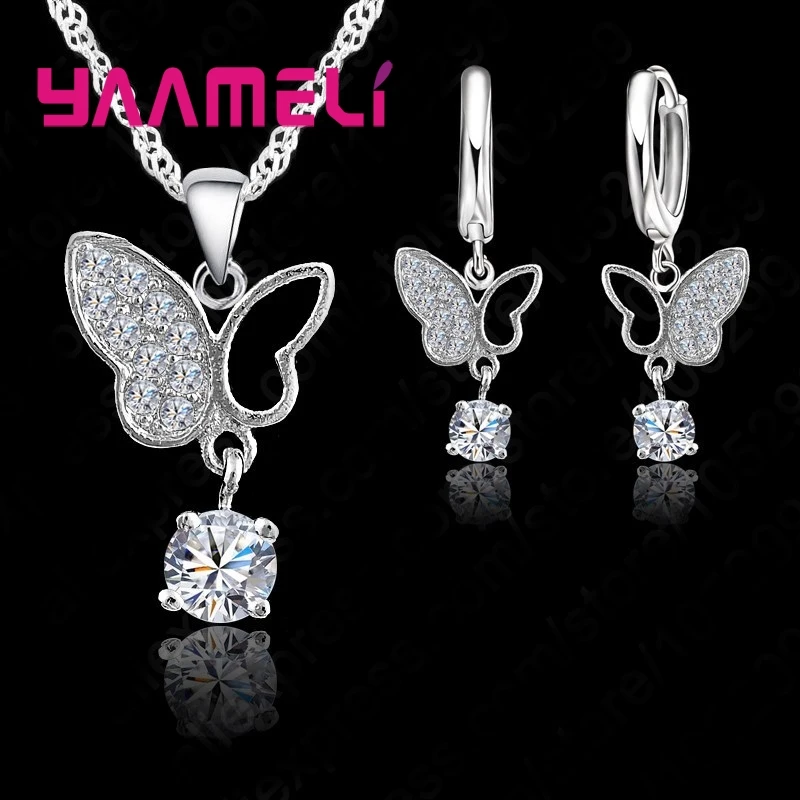 New Bridal Jewelry Sets S925 Sterling Silver Mosaic Butterfly CZ Crystal Paved Necklace Pendant Hoop Earrings Jewelry Set-animated-img