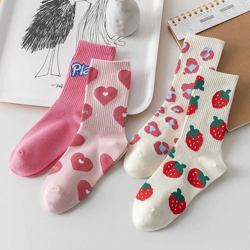 1pair Lady Mid Tube Strawberry Fruit Print Socks Korean Japan Cute Cotton Harajuku Socks-animated-img