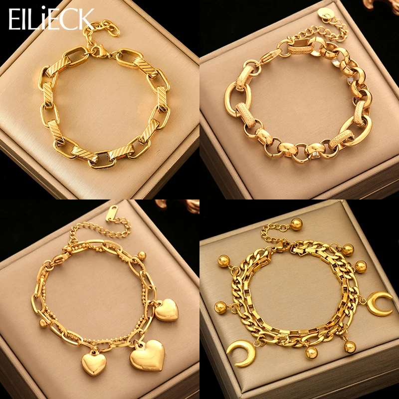 EILIECK 316L Stainless Steel Gold Color Bangles Bracelet For Women New Trendy Wrist Chain Waterproof Jewelry Gift Party Bijoux-animated-img