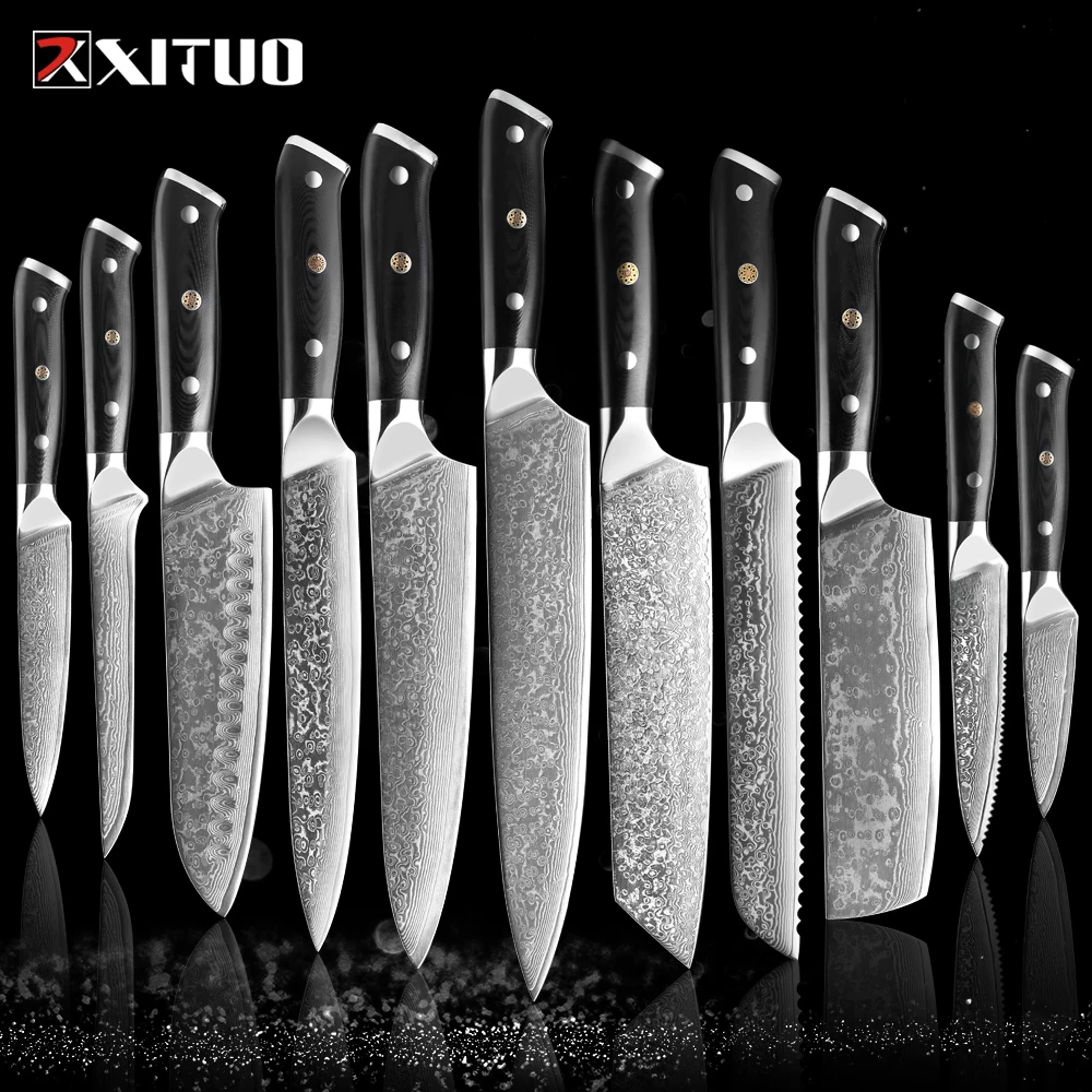 XITUO 1-9Pcs Damascus knives Set G10 Handle VG10 core 67 layers Damascus steel Chef Santoku Knife Cleaver Paring Bread Knife-animated-img