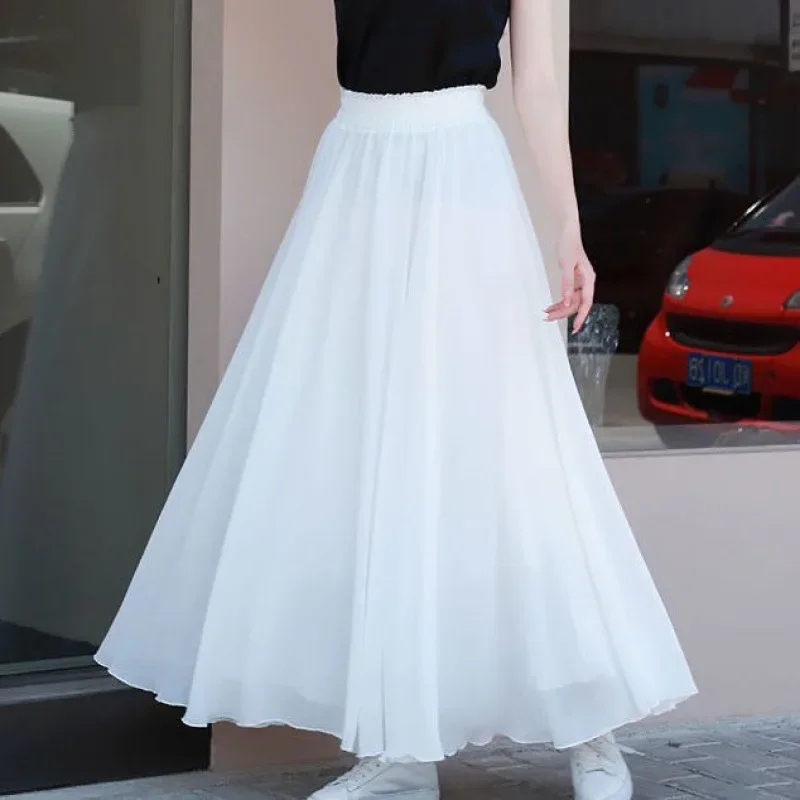 Spring Summer New White Double-layer Chiffon Skirt A- line Half-length Long Dress Elegant High-waisted Artistic Fairy-like Women-animated-img