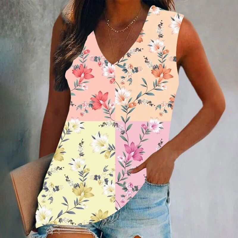 Oil Painting Flowers 3D Print Tank Tops Women Summer Streetwear Oversized V-Neck Vest Off Shoulder Sleeveless Woman Camisole-animated-img