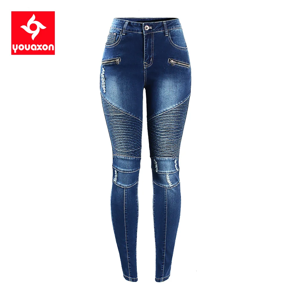 2077 Youaxon Women`s Fashion Motor Biker Style Jeans Mid High Waist Denim Skinny Pants Jeans For Women Clothing Free Shipping-animated-img