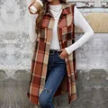 Women's Plaid Open Front Vest Casual Lapel Button Down Sleeveless Long Jacket Coat with Pockets, Street Daily Wear, Warm Stylish preview-3