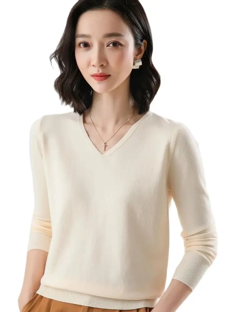 Fashion Basic Women Merino Wool Sweater Cashmere Pullover V-Neck Knitwear Slim Solid Collar Jumper Elegant Clothing Tops-animated-img