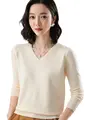 Fashion Basic Women Merino Wool Sweater Cashmere Pullover V-Neck Knitwear Slim Solid Collar Jumper Elegant Clothing Tops