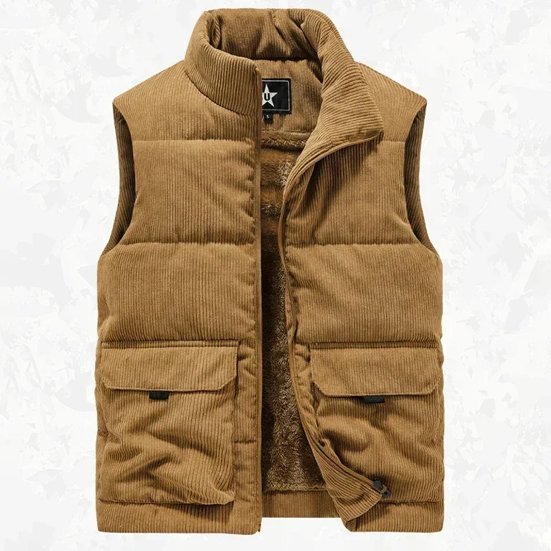 6XL Mens Winter Plus-size Corduroy Cargo Sleeveless Jacket Thick Warm Fleece Lining Multi-pocket Outdoor Hiking Safari Work Vest-animated-img