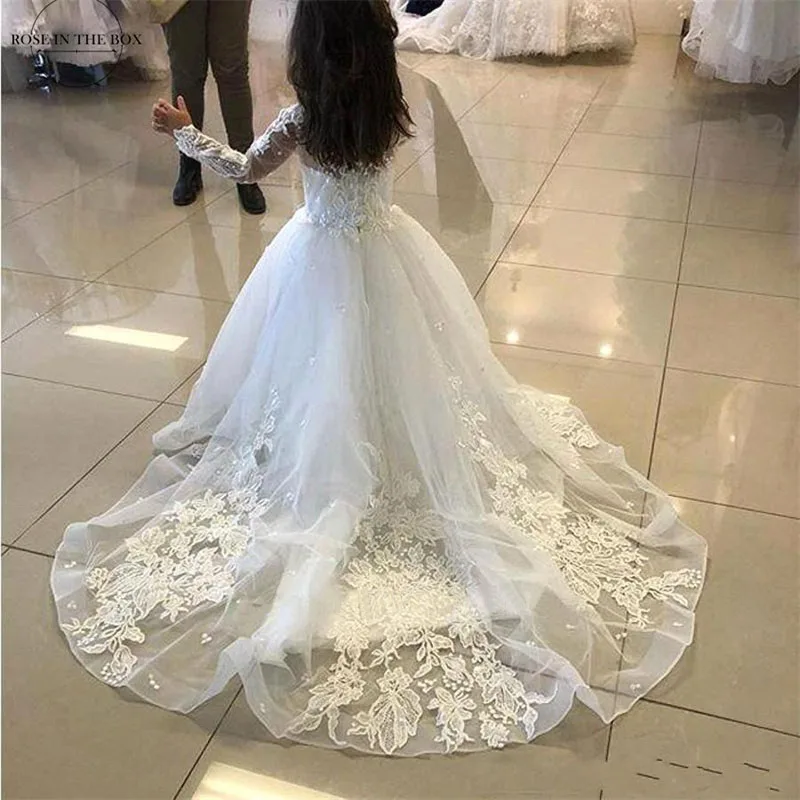 New Princess Flower Girl Dresses For Weddings Kids Lace Applique Ball Gown Girl's Ceremonial Dress With Sleeves Customized-animated-img