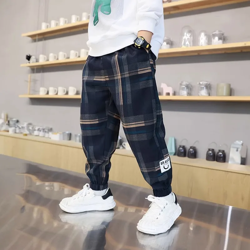 2024 Fashion Boys Cotton Plaid Pants Spring Autumn Toddler Casual Kids Loose Trousers Sweatpants for Teenage Children Clothes-animated-img