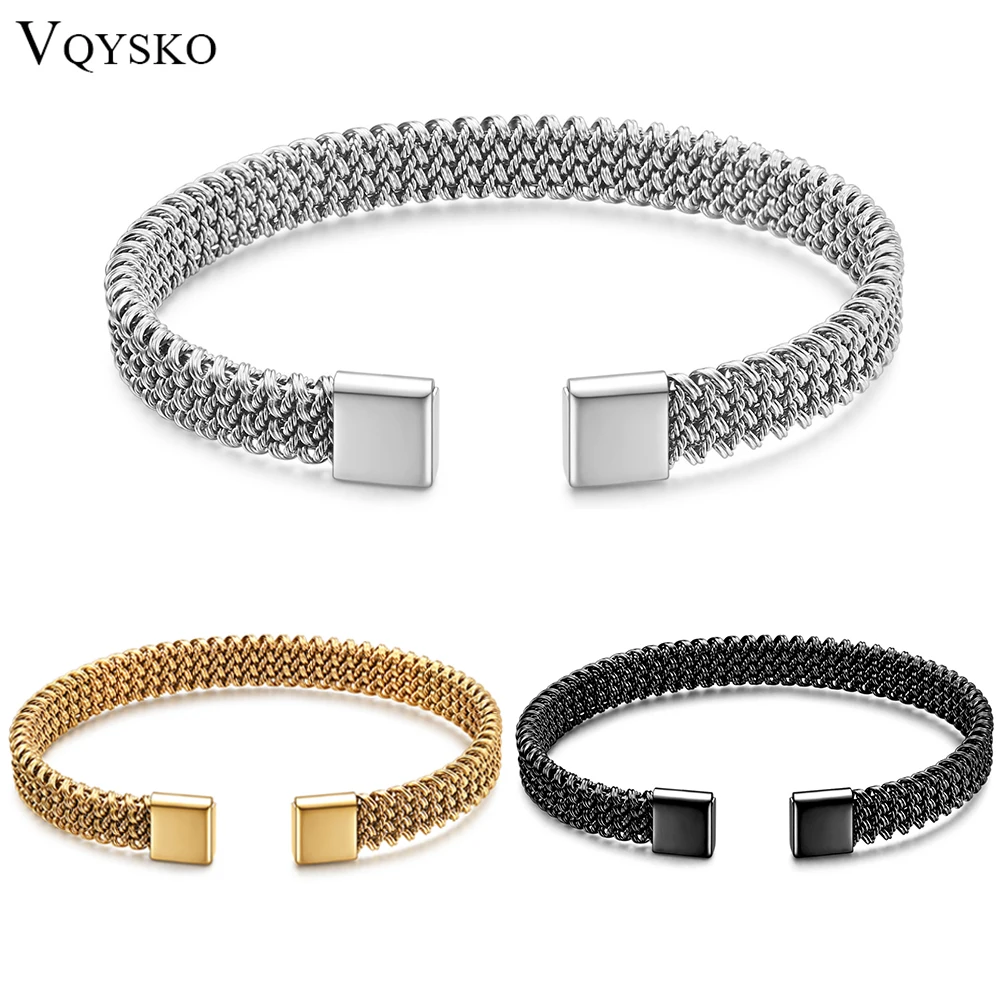 VQYSKO 8MM Woven Flat Mesh C-Shaped Open Bracelet Vintage Stainless Steel Chain Jewelry Women Men Gift Waterproof-animated-img