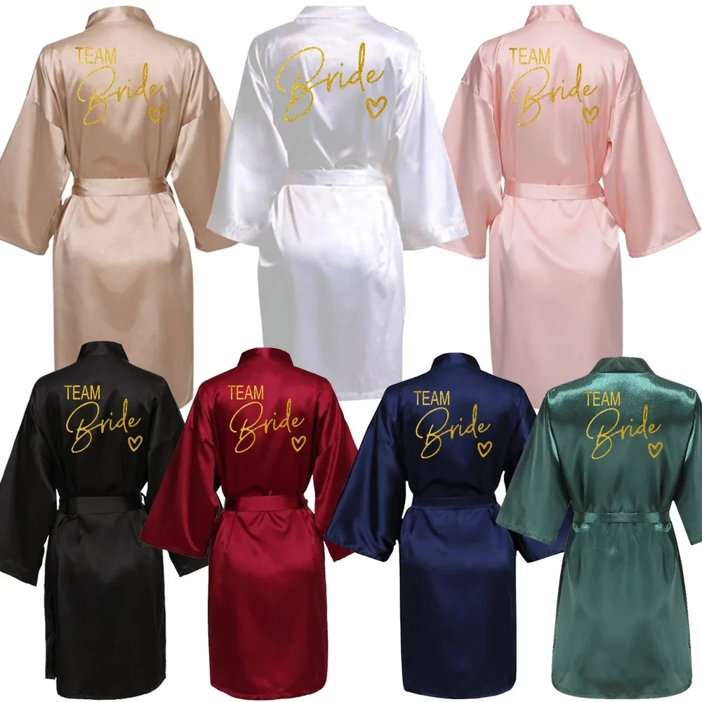 Wedding Party Team Bride Robe Kimono Satin Pajamas Bridesmaid Bathrobe Gold Letter SP089-animated-img