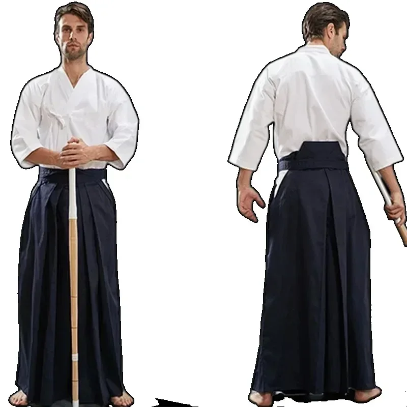 Aikido Gi Uniform Cotton Hapkido Pants Kendo Hakama Black Deep Blue White  Japanese Samurai Traditional Keikogi-animated-img