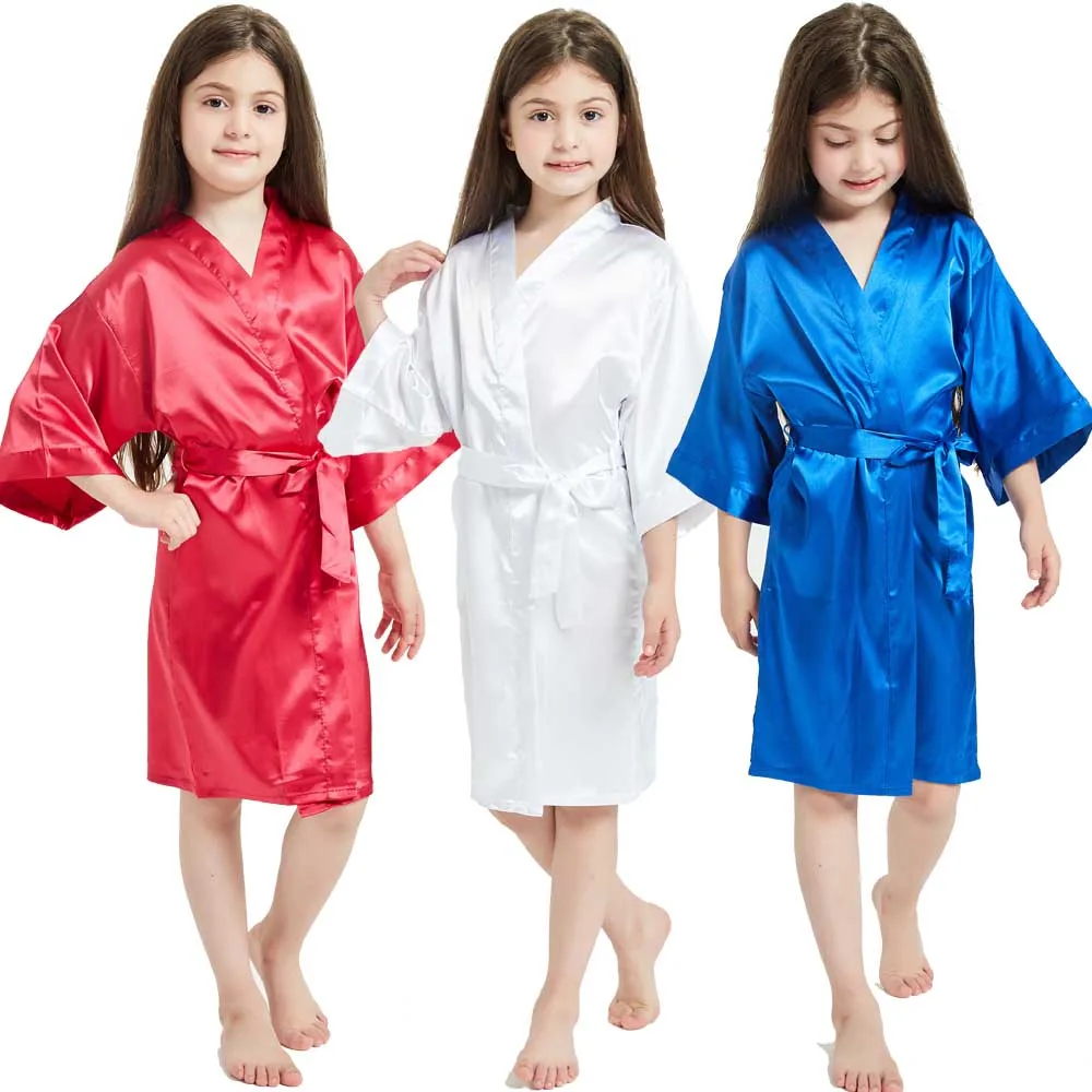 White Satin Silk Spa Bath Robes for Little Girls Kids Baby 2 to 3 4 5 6 7 8 9 10 11 12 13 14 Years Red Blue Children Robe Sleep-animated-img