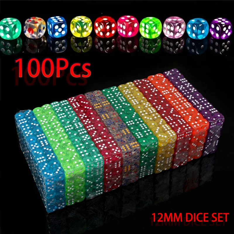 100PCS/Set D6 Dice 12mm 6 Sided Multicolor Transparent Color Acrylic Rounded Edges Dice For Table Board Game Drink Party DND-animated-img