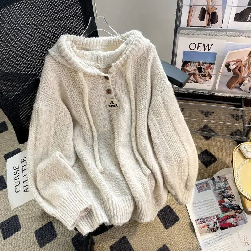 Korean Style Loose Fit Hooded Sweater Women's Autumn/Winter 2024 New Soft And Supple Thickened Drawstring Knit Sweatshirt Top-animated-img