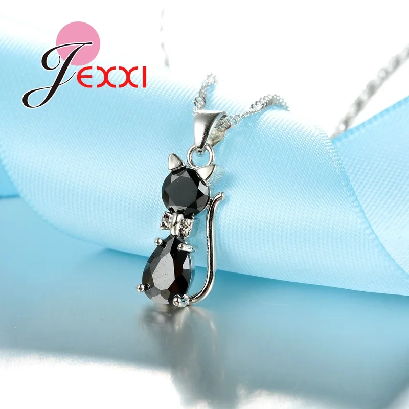 Fast Shipping Retail Romantic Engagement Silver Cute Cat Jewelry Sets Necklace Earrings With Austrian Crystal For Women-animated-img