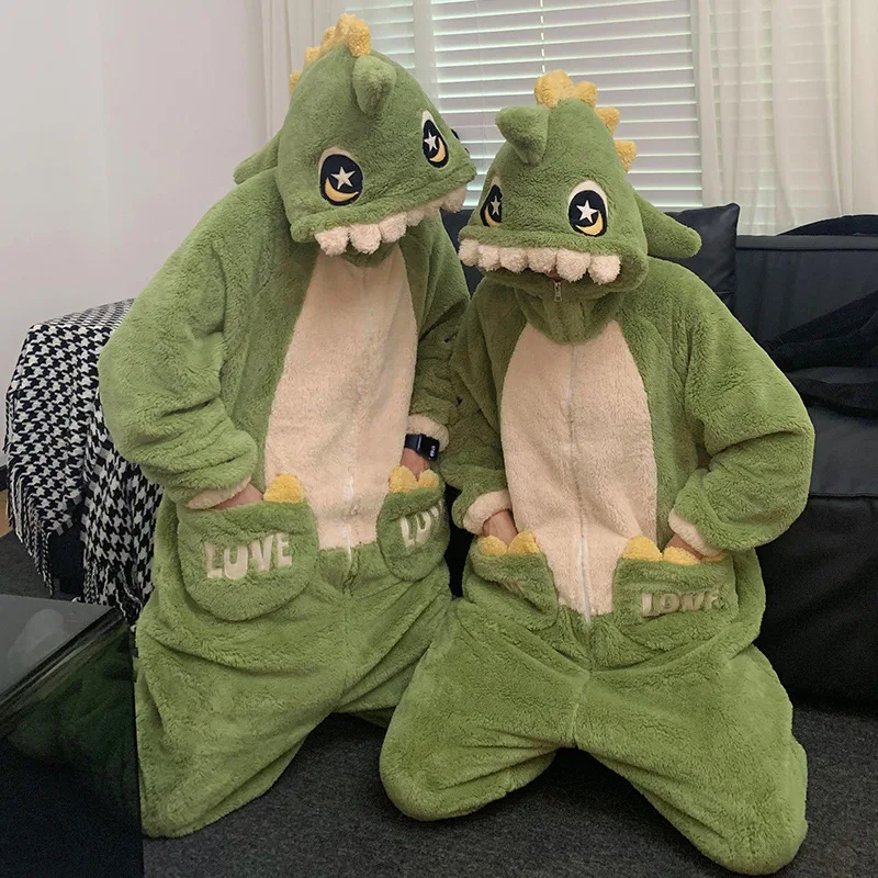 Adults Animal Onesies Pajamas Women Winter Thicken Warm Plush Sleepwear Cosplay Cartoon Dinosaur Flannel Jumpsuits Mens Clothes-animated-img