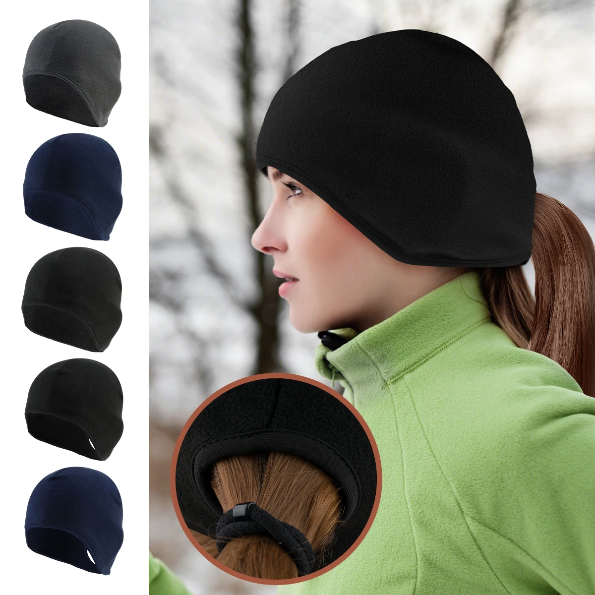 Classic Solid Color Coldproof Ski Cycling Running Warm Caps With Ponytail Hole For Autumn & Winter-animated-img