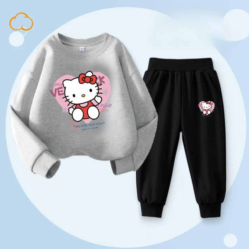 Hello Kitty Sweatshirt Sets for Girls Autumn Long Sleeve Top and Pants Two Piece Suit Children's Clothing Set Kids Tracksuit-animated-img