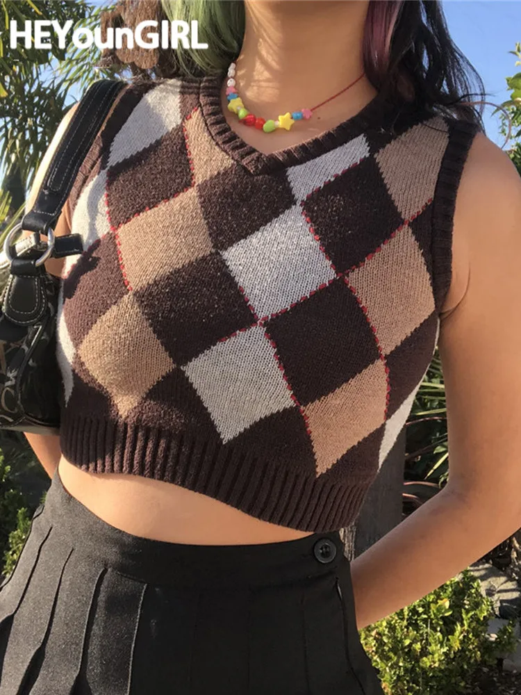 HEYounGIRL Brown Argyle Vintage Cropped 