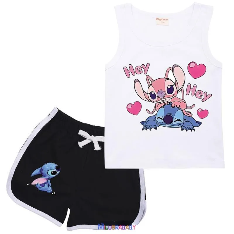 Cartoon Stitch Summer Tshirt Clothes Set Kids Clothes Teens Girls Clothing Baby Boys Short Sleeve Shorts Casual Sports Tops Tees-animated-img