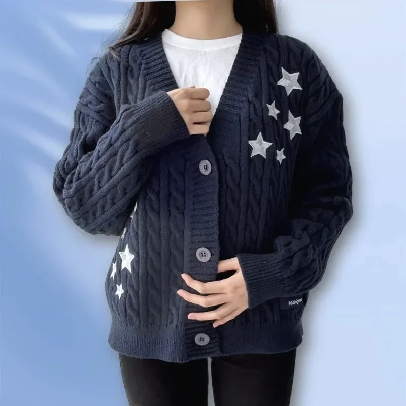 Winter Midnight Navy Blue Knitted Cardigans Women Spring Y2k Casual Star Embroidery Single Breasted XS-5XL Sweaters Dropshiping-animated-img