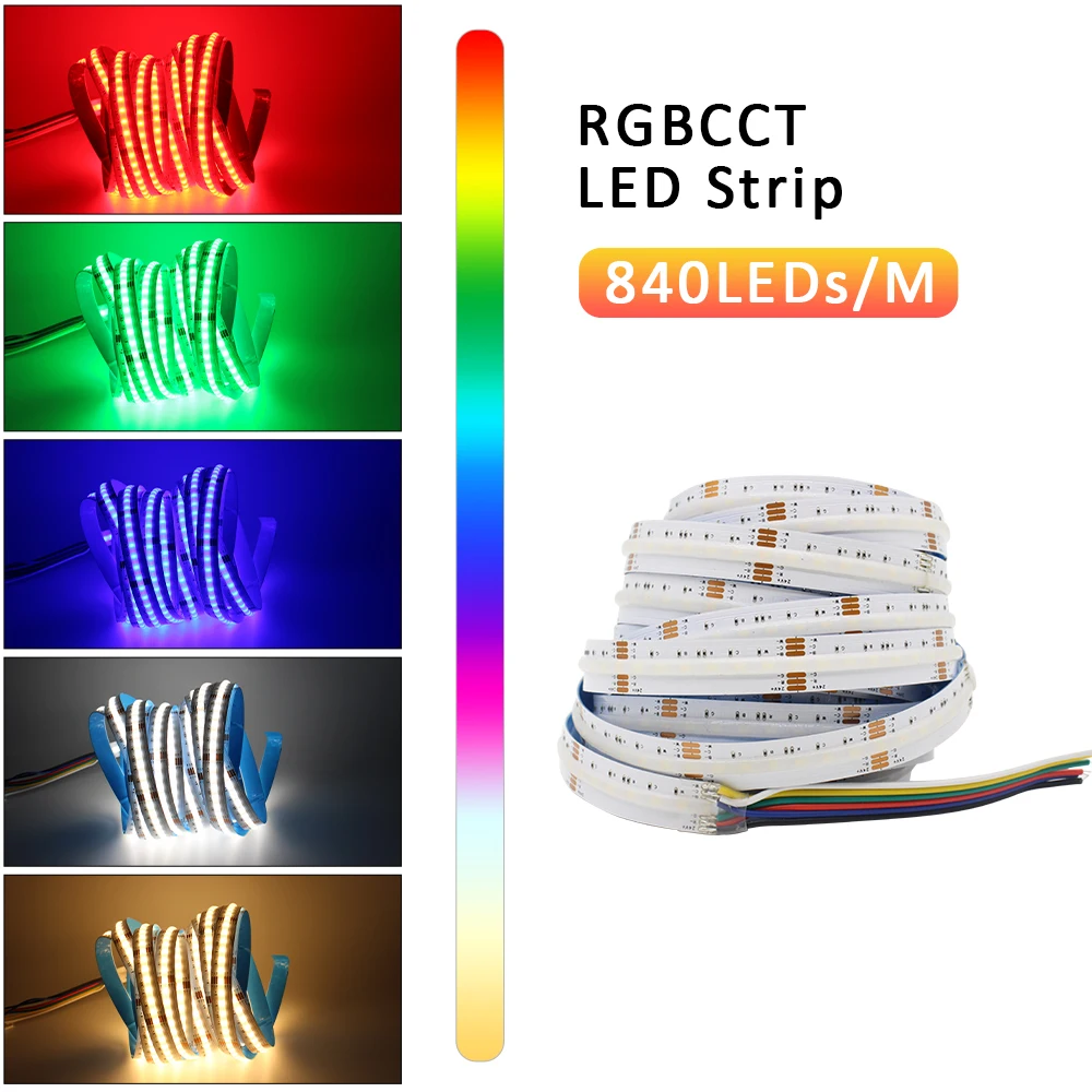 5M RGBCCT COB LED Strip Light DC 24V 840LEDs/m RGB CCT Dotless Flexible FCOB LED Tape Ribbon Lamp for Room Decoration Lighting-animated-img