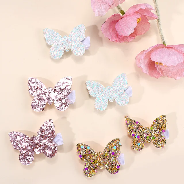 6pcs Glitter Butterfly Hair Clips for Girls Kids Sparkly Hair Styling Accessories Birthday Sequins Hair Clips for Children-animated-img