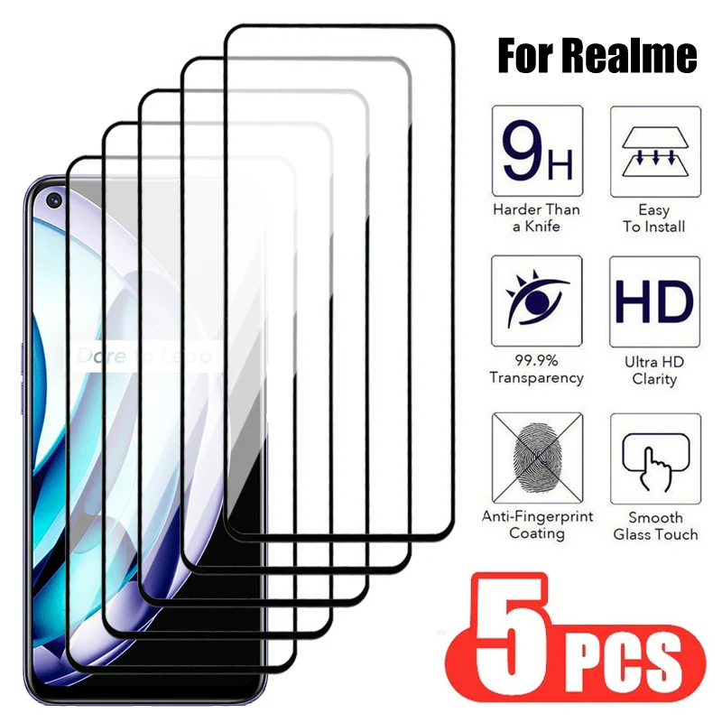 5Pcs Full Cover Tempered Glass For Realme 10 9 8 Pro Screen Protector C15 C17 C20 C21 C25 C30 C31 C33 C35 C53 C55 Safety Glass-animated-img