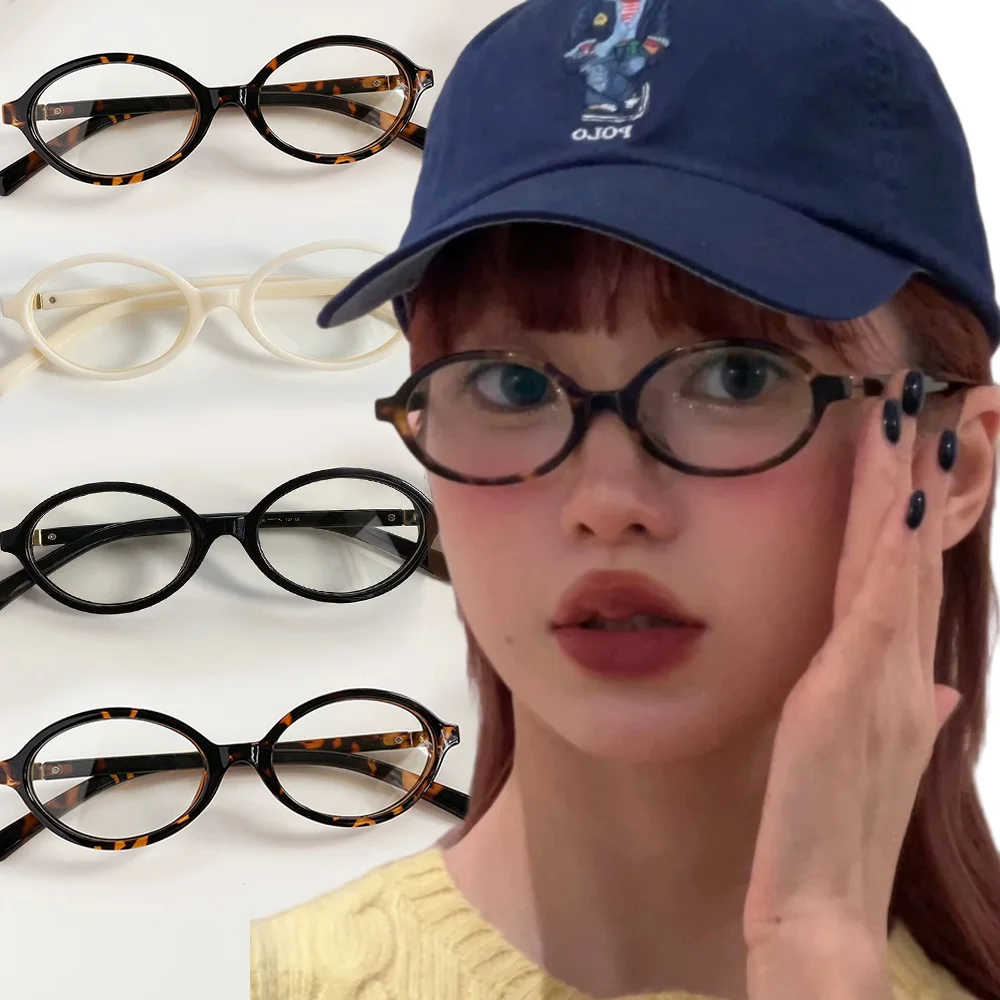 Y2K Leopard Small Frame Glasses Oval Women Girls Retro Anti Blue Light Eyewear Glass Computer Reading Eyeglasses Decorative-animated-img