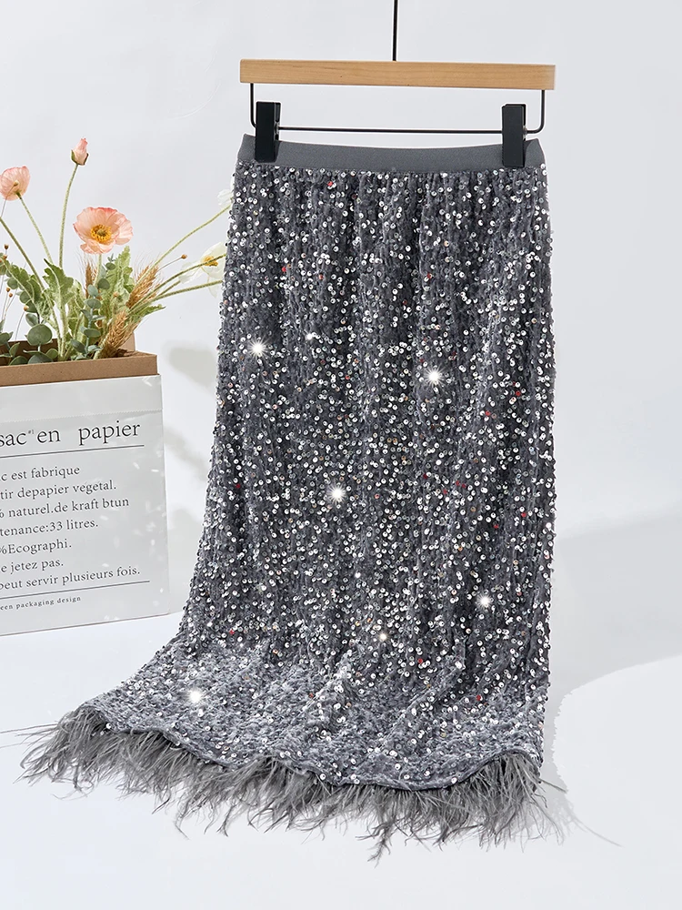 New Year Women Sequined Feather Skirt 2024 Fall Winter Party Hip Skirt Slim Festival Female Chic Bottoms C-214-animated-img