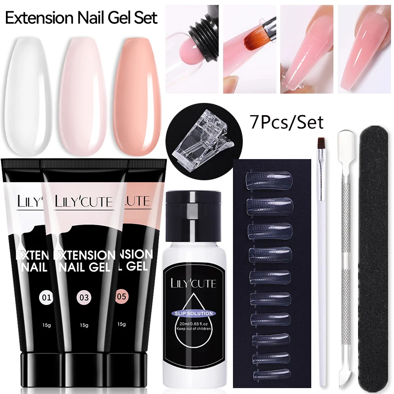 LILYCUTE 7Pcs/Set 15ml Clear Quick Extension Nail Gel with Slip Solution Nail Pusher Nail Clip Brush File Extension Gel Tools-animated-img