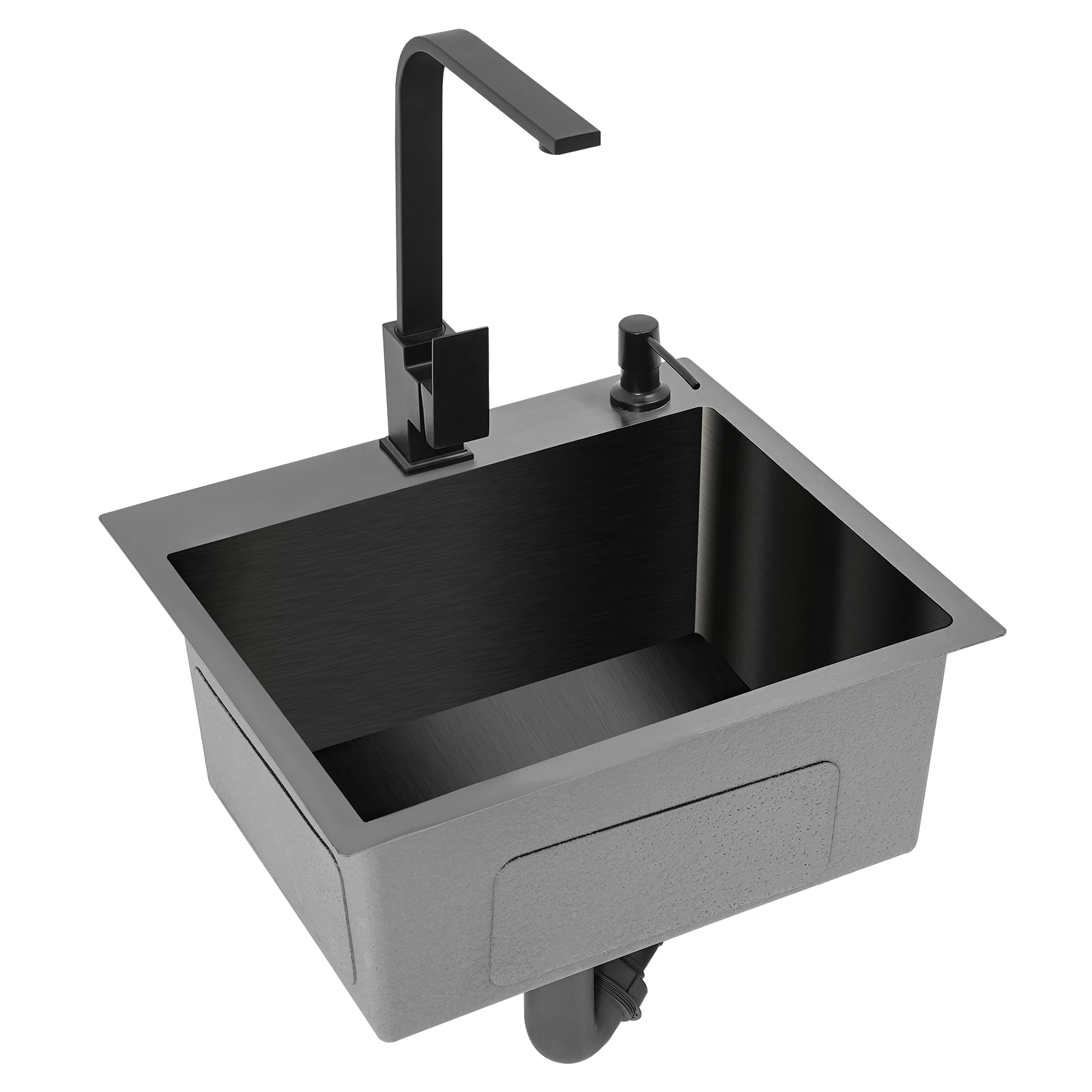 Kitchen Sink Set Large Capacity Stainless Steel Kitchen Sink Single Slot Wash Basin with 180° Faucet & Black Soap Dispenser-animated-img