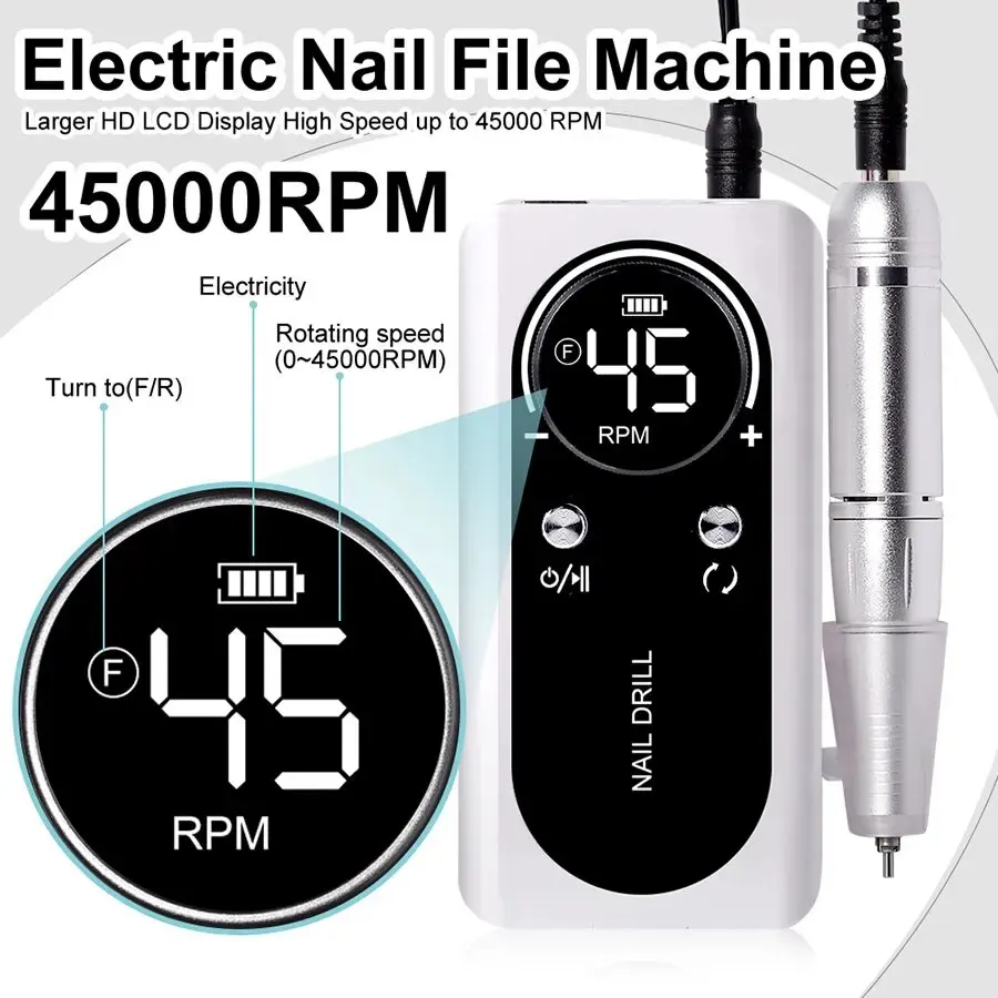 Professional 45000RPM Electric Portable Nail Drill Machine Rechargeable Low Noise Nail Sander File for Manicure Salon Tool-animated-img