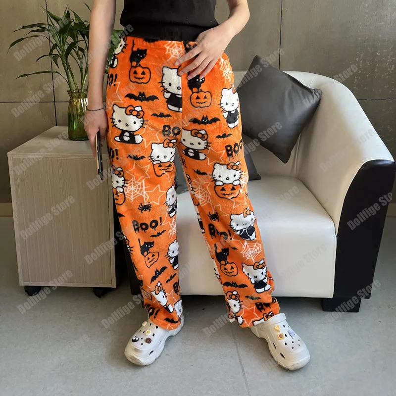 2023 Anime Sanrio Hello Kitty Pyjama Flanelle Noire Femmes Kawaii Laine  Blanc Dessin Animé Casual Pantalon À La Maison Pantalon De Mode D'automne