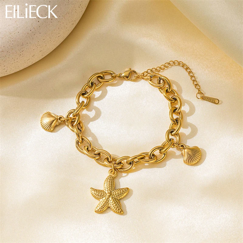 EILIECK 316L Stainless Steel Gold Color Starfish Shells Charm Bracelet For Women New Trendy Wrist Chain Jewelry Holiday Gifts-animated-img