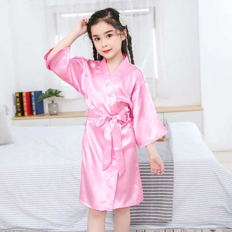 Pink Bathrobes for Girls Nightwear Satin Silk Kids Robes Summer Girl Nightgown Sleepwear Children Kimono Wedding Spa Party Dress-animated-img