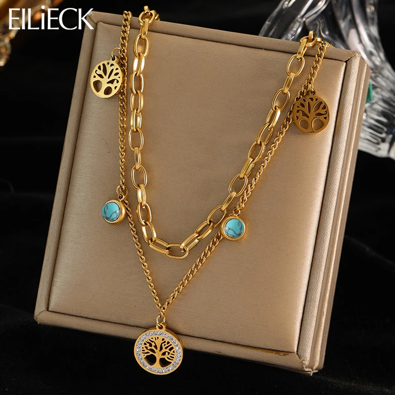 EILIECK 316L Stainless Steel Round Tree of Life Pendant Necklace For Women Gold Color Multi-layer Chains Jewelry Accessories-animated-img