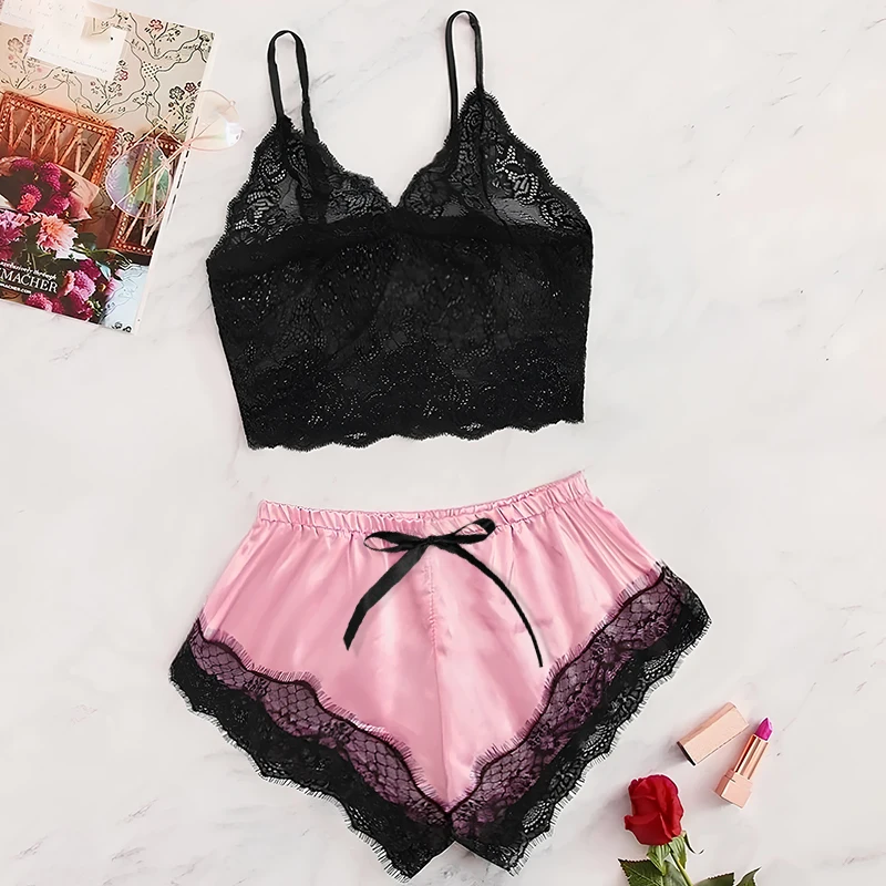 2025 Summer 2 Pcs Women's New Sexy Lace See-Through Pajamas Black Pink Cute Clothes Comfortable Breathable Suspender Shorts Set-animated-img